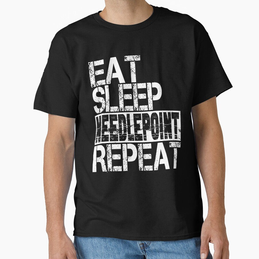 Grunge Needlepoint Apparel | Vintage Eat Sleep Repeat Shirt Black