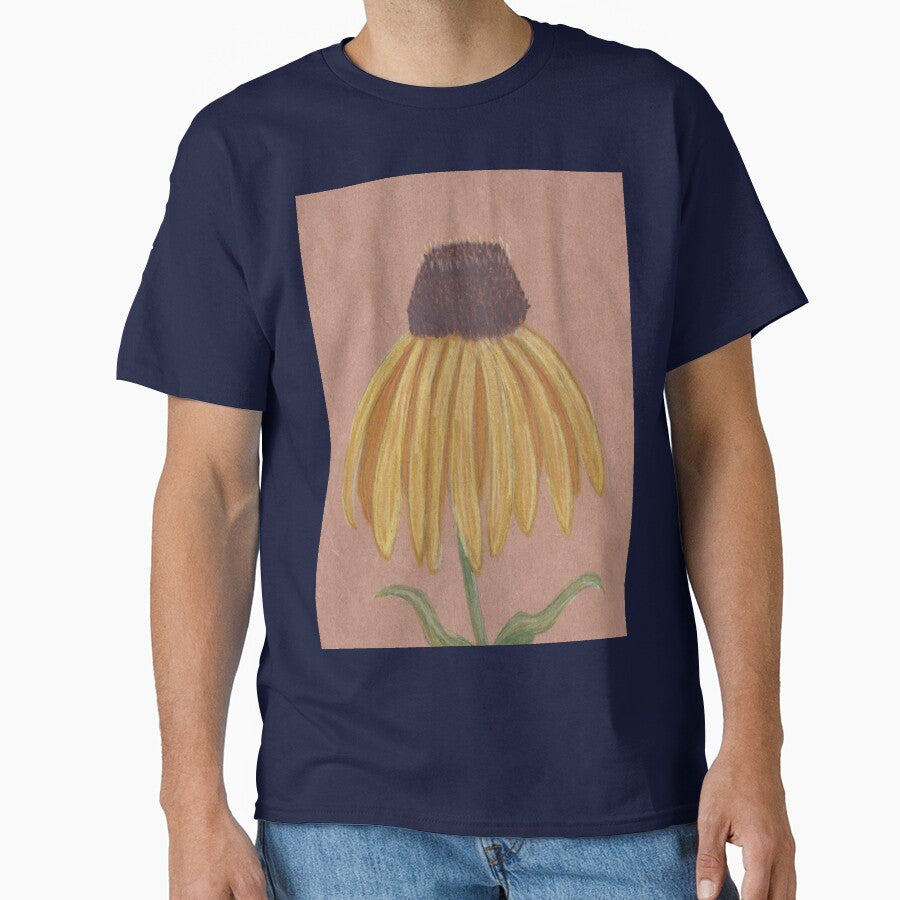 Black-Eyed Susan Daisy Art Oversized T-Shirt Floral Pencil Draw Navy
