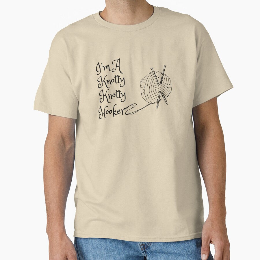 Knotty Hooker Pun Crochet Tee - Oversized Funny Knitting Top Sand