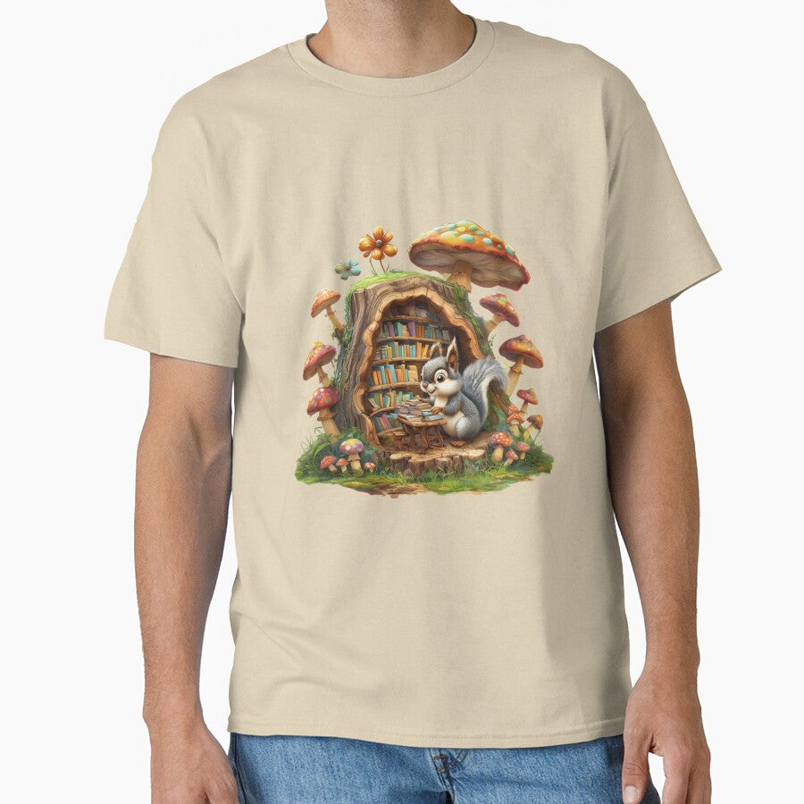 Cottagecore Squirrel Book Tee Woodland Nature Art Oversized Shirt Sand