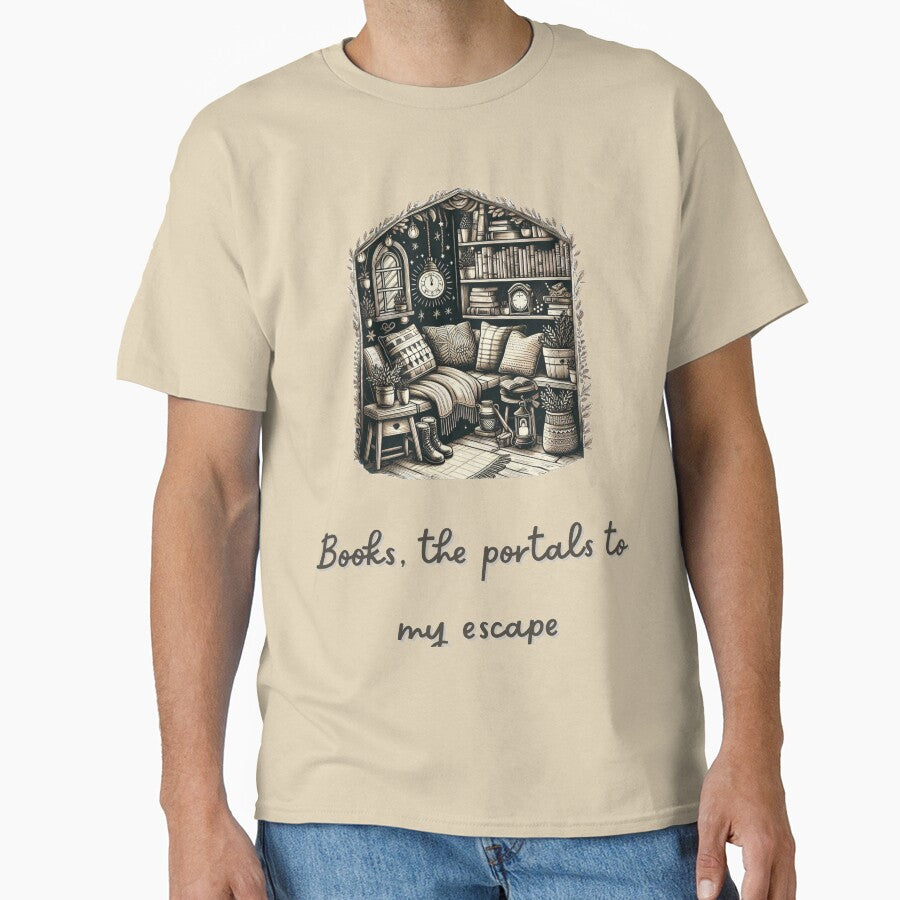 Escape Into Books Shirt Cozy Reading Nook Oversized Graphic Tee Sand