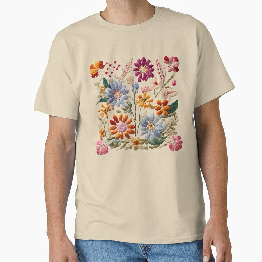 Stitched Garden Botanical Art Design Oversized T-Shirt Sand