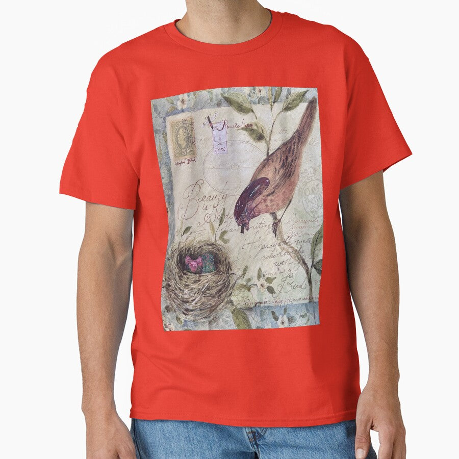 Nest Nature Inspired Oversized T-Shirt Bird Habitat Art Print Top Poppy Red