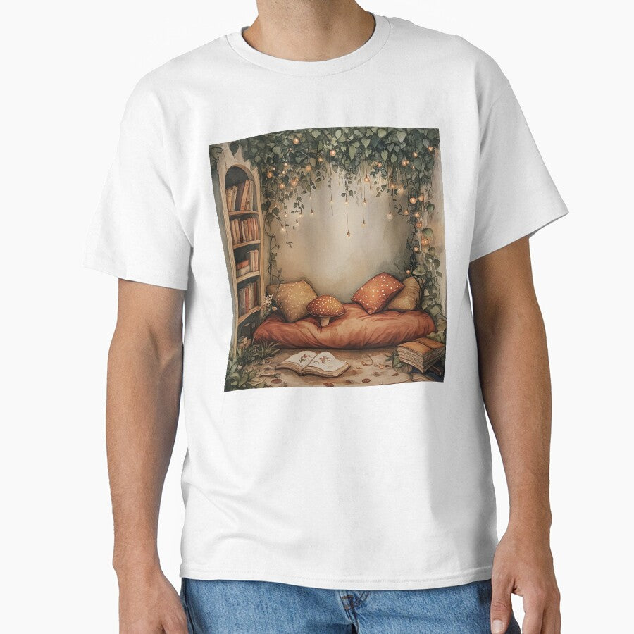 Enchanted Reading Corner Tee Whimsical Art Print Oversized Shirt White