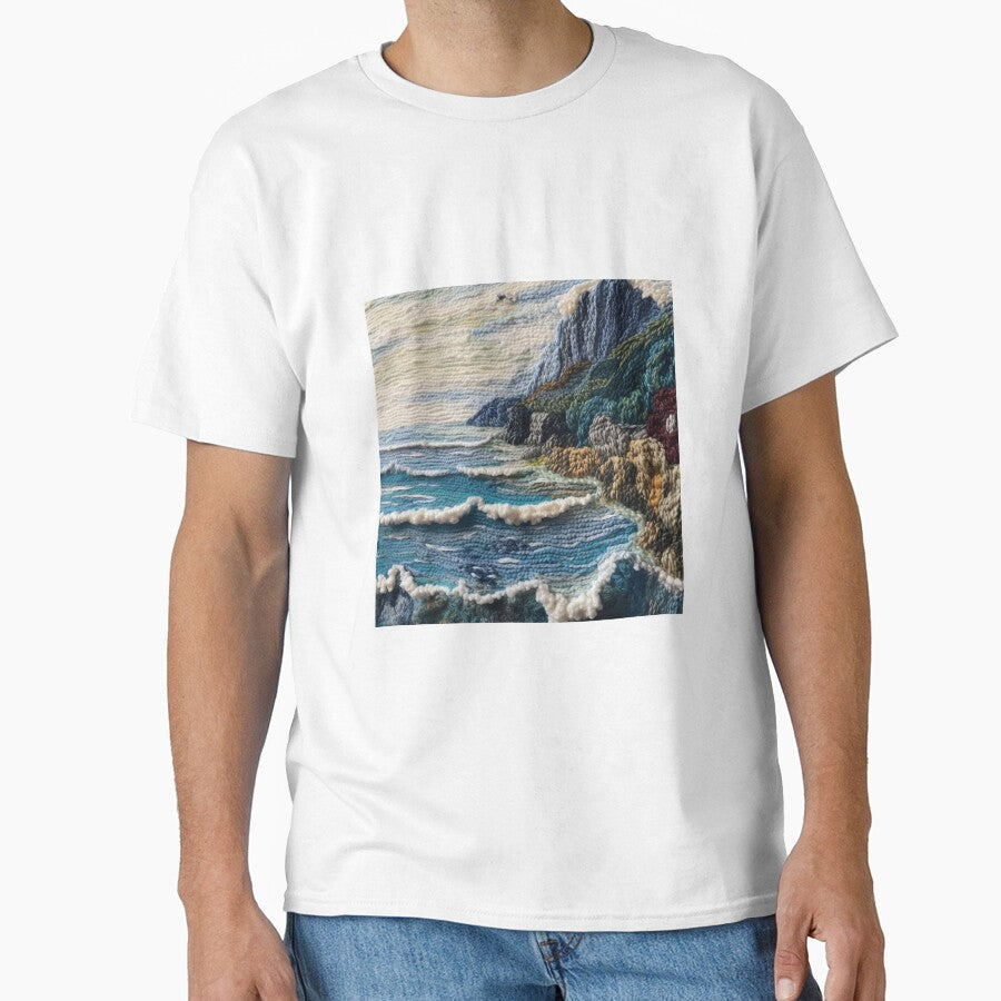 Scottish Coastline Crochet Tapestry Art Oversized Cotton Tee White