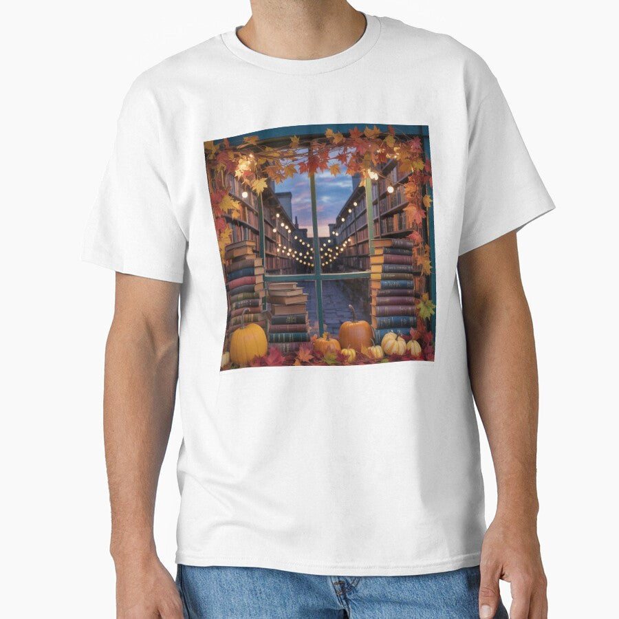 Magical Bookshop Window Tee Whimsical Fantasy Oversized Shirt White