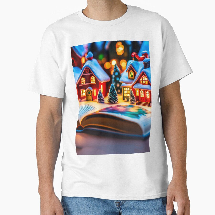 Snowy Winter Book Shirt Miniature Christmas House Oversized Tee White