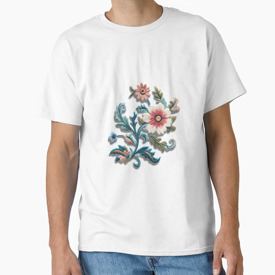 Exquisite Floral Embroidery Design Premium Oversized T-Shirt White
