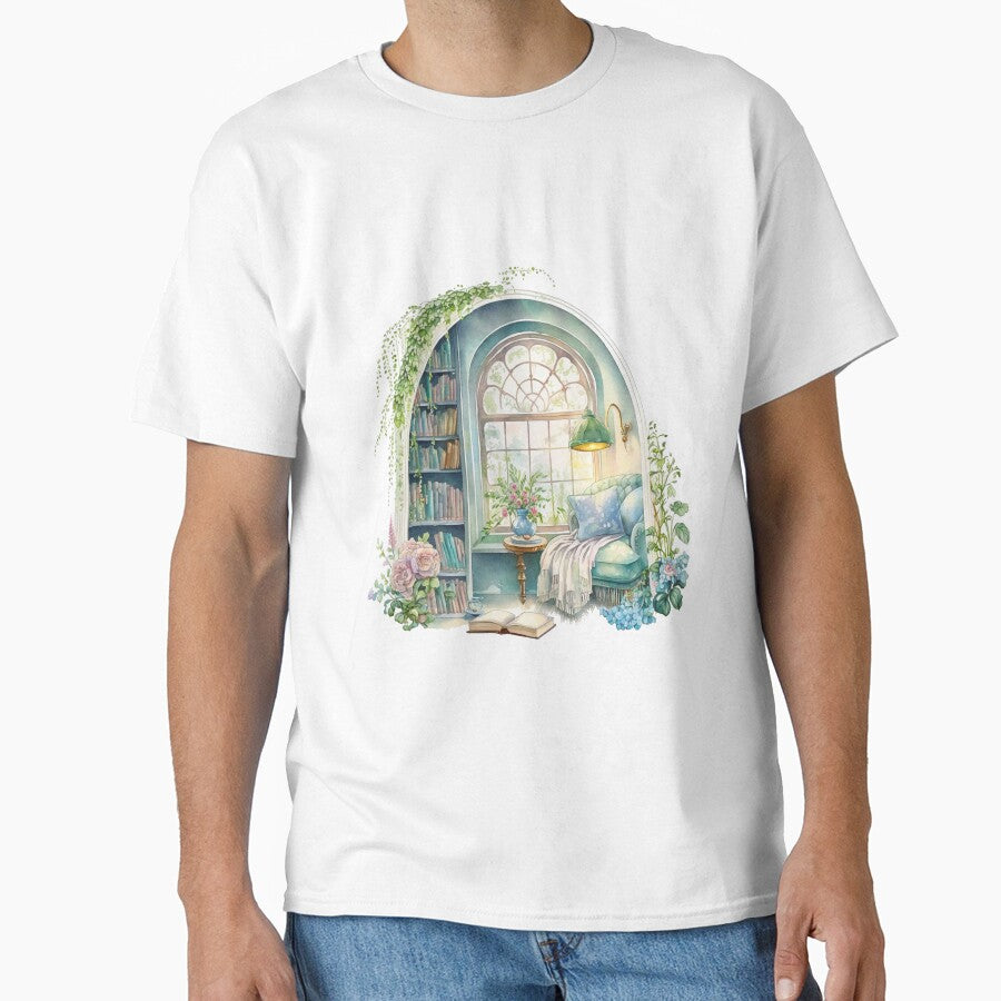 Soft Reading Nook Tee Artistic Watercolor Oversized Bookish Shirt White