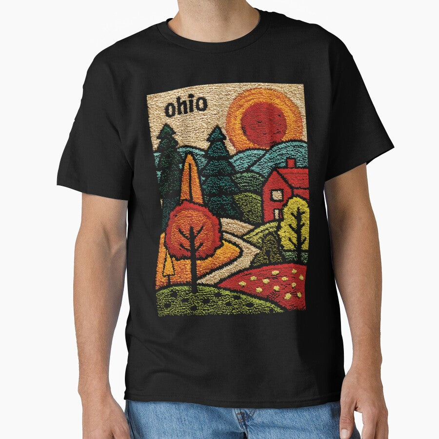Autumn In Ohio Winding Road Folk Art Oversized T-Shirt Black
