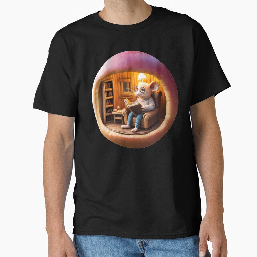 Mouse In An Apple Tee Cozy Reading Animal Oversized Graphic Shirt Black