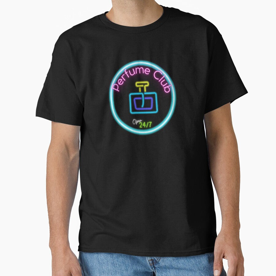 Perfume Club Neon Sign Tee - Retro Nightlife Fragrance Graphic Shirt Black