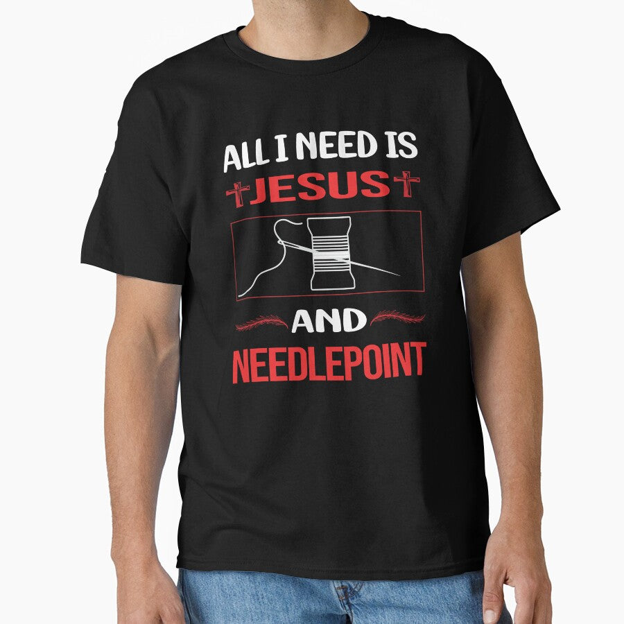 Jesus Needlepoint Shirt | Religious Crafting Humor Oversized Tee Black