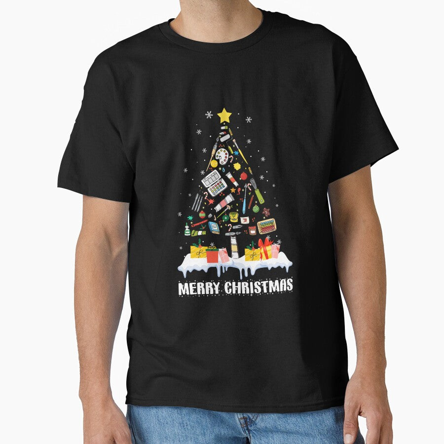 Funny Christmas Lights Art Teacher Xmas Tee Oversized T-Shirt Black