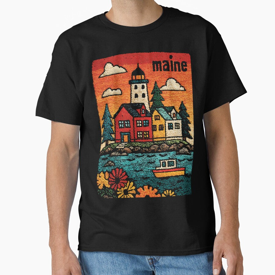 Maine Coastal Town Folk Art Poster Print Oversized T-Shirt Black