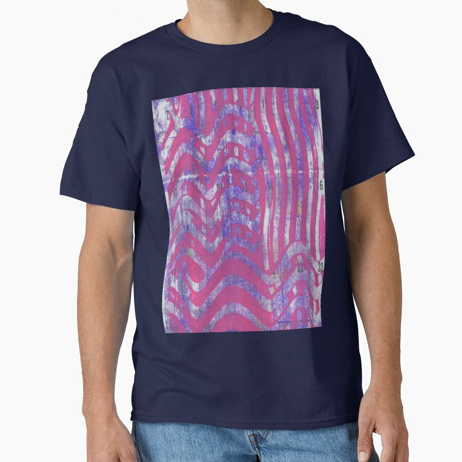 Pink Waves Abstract Gelli Print Oversized T-Shirt Modern Art Tee Navy