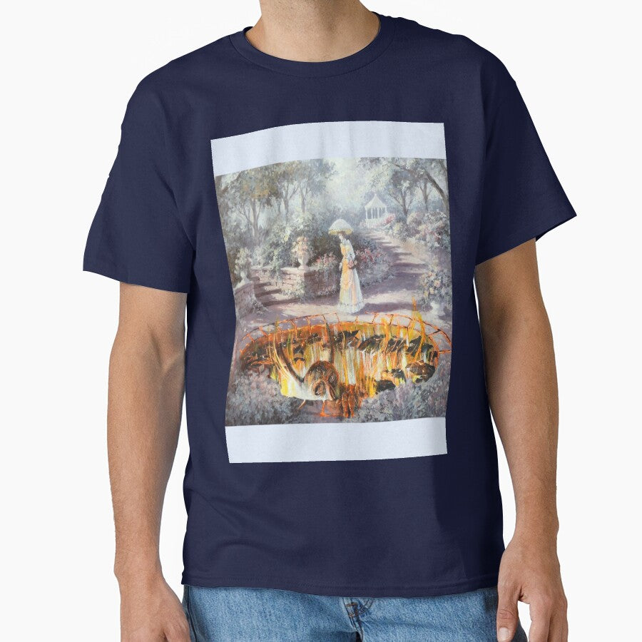 On the Way to Church Scenic Oversized T-Shirt Classic Folk Art Navy
