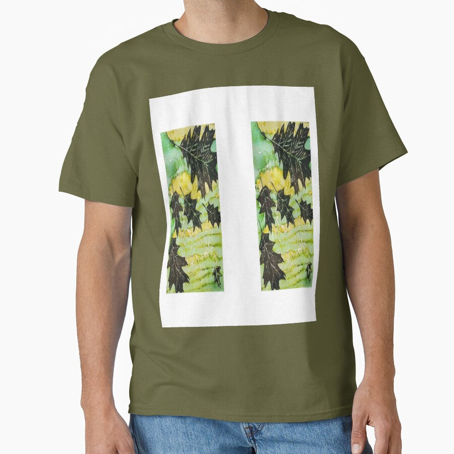 Red Oak Leaves Autumnal Oversized T-Shirt Botanical Nature Print Fatigue Green