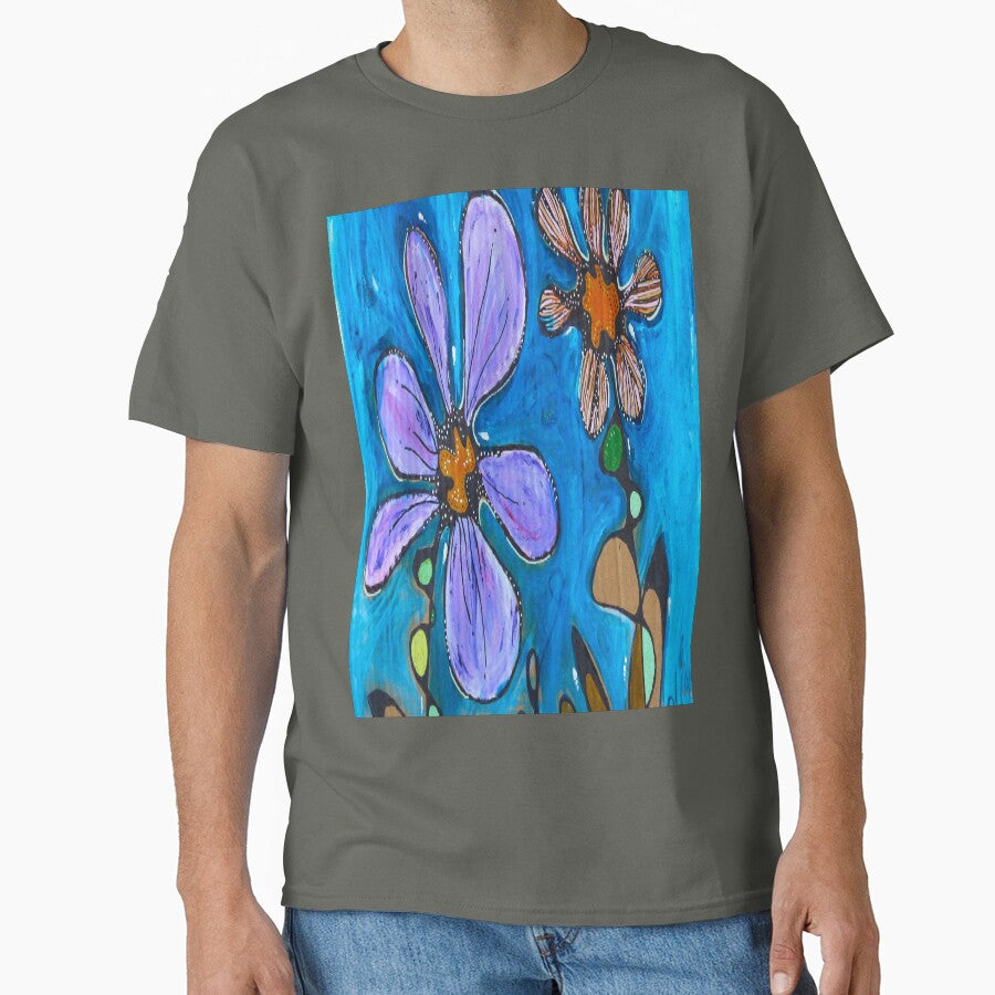 Flower Power Retro Oversized T-Shirt 70s Style Floral Graphic Top Smoke Grey