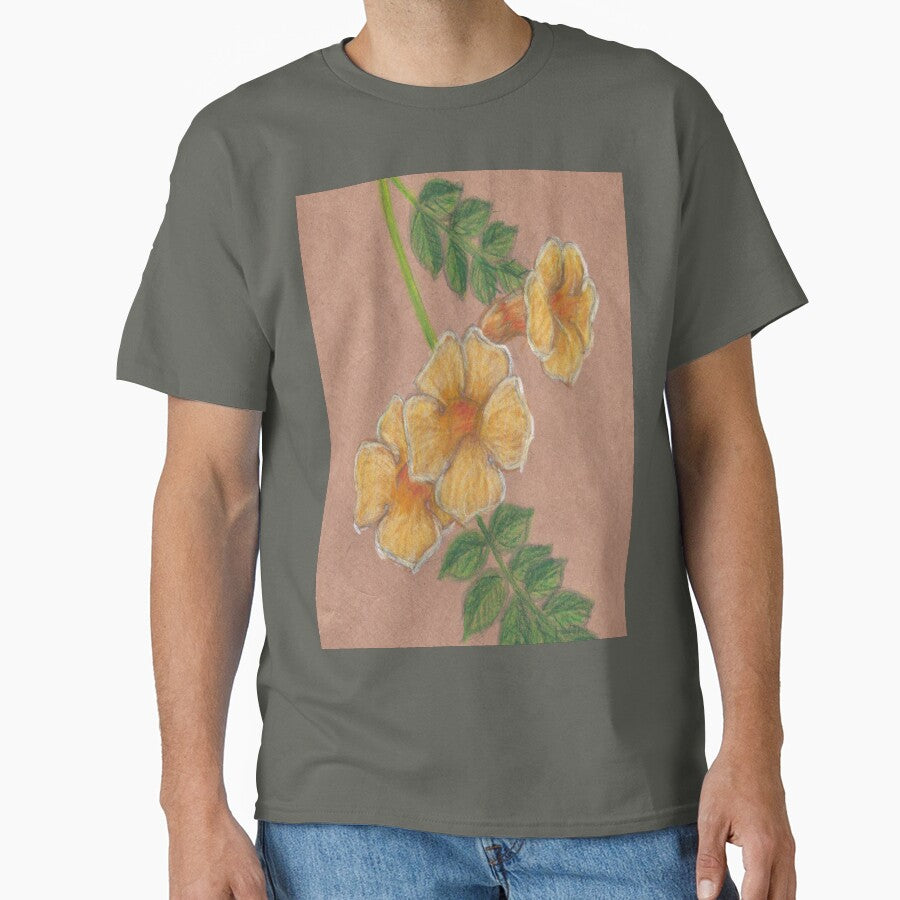 Trumpet Vine Flower Drawing Oversized T-Shirt Botanical Art Tee Smoke Grey
