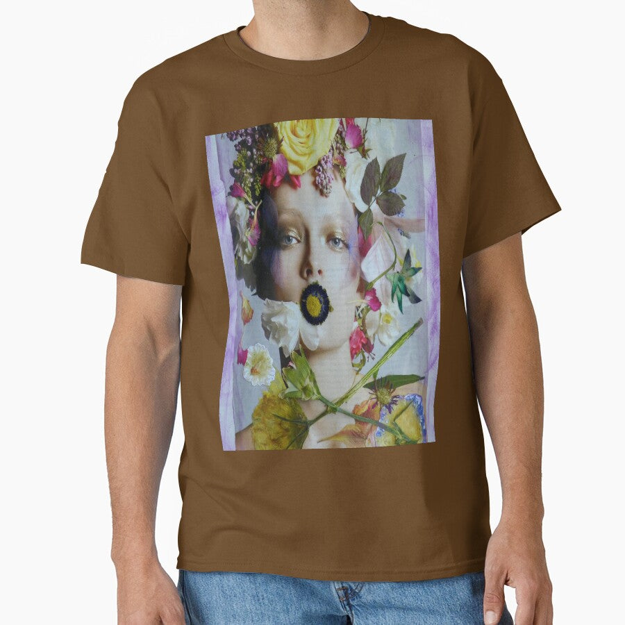Flower Girl Whimsical Art Oversized T-Shirt Feminine Floral Tee Army Brown