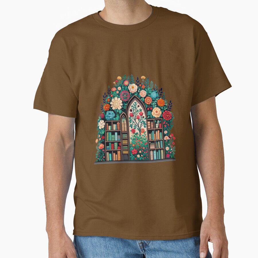 Tranquil Library Flowers Tee Floral Bookish Oversized Graphic Top Army Brown