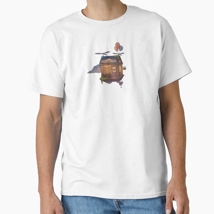 Floating Bookshop Fantasy Tee Whimsical Oversized Literature Shirt White