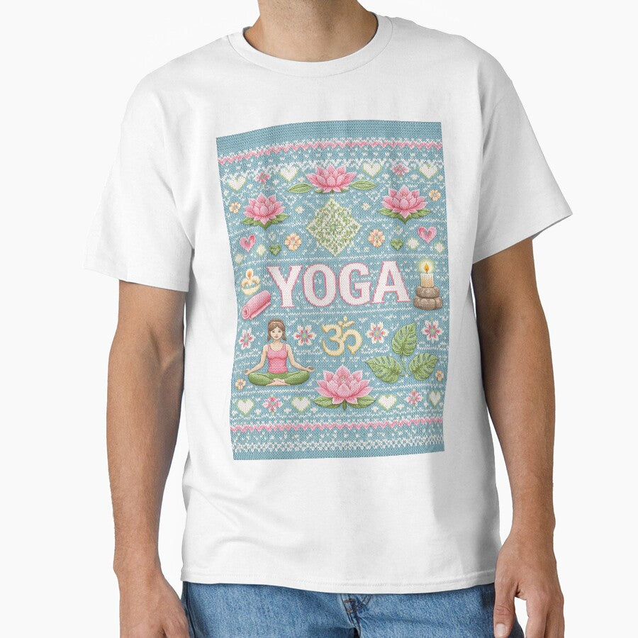 Yoga and Mindful Knitting Tee - Oversized Meditation Pattern Top White