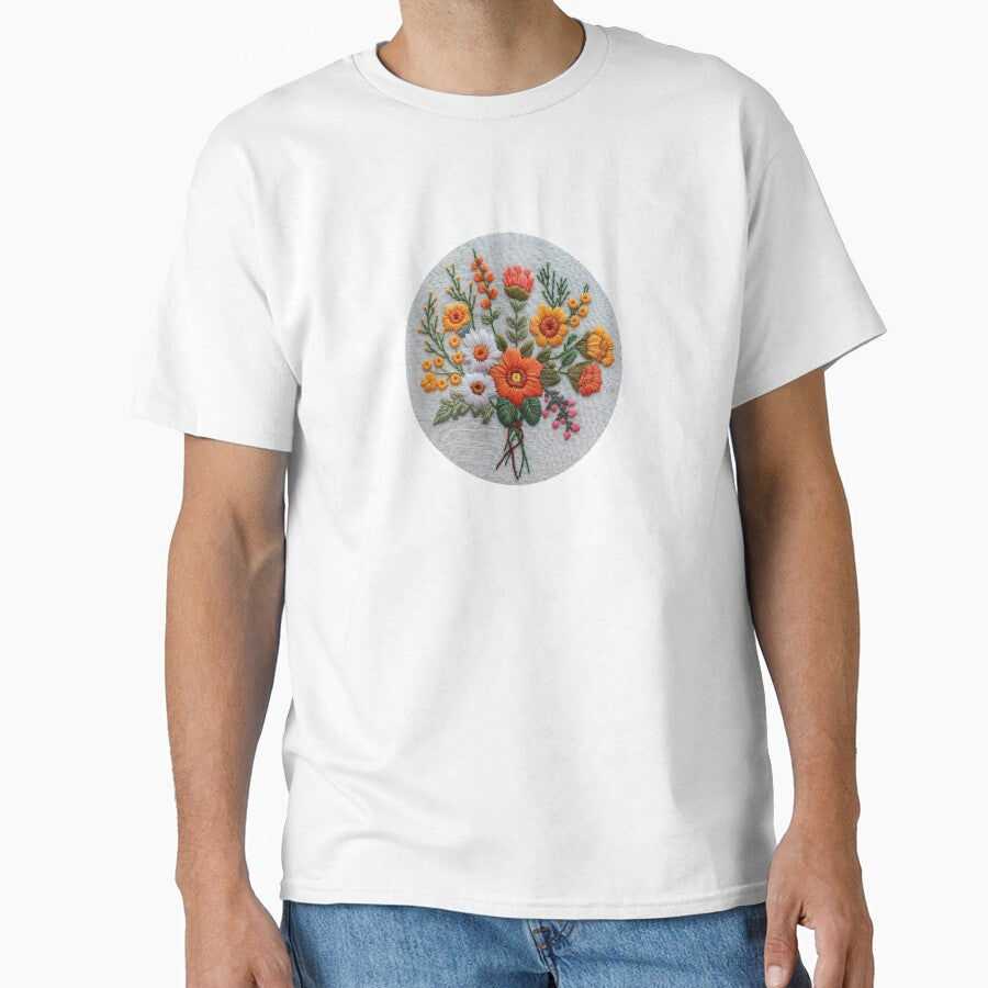 Boho Embroidered Flower Bouquet Chic Oversized Fashion Tee White