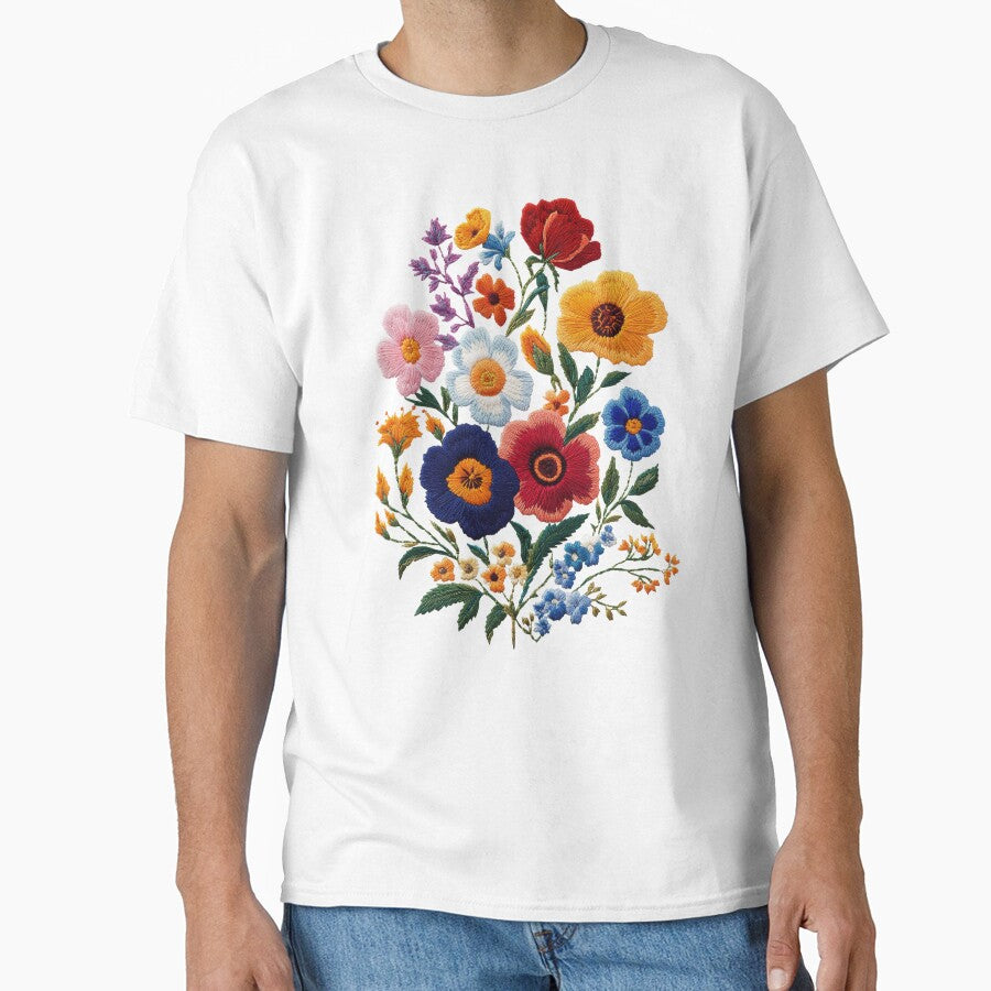 Whimsical Floral Faux Embroidery Art Oversized T-Shirt White