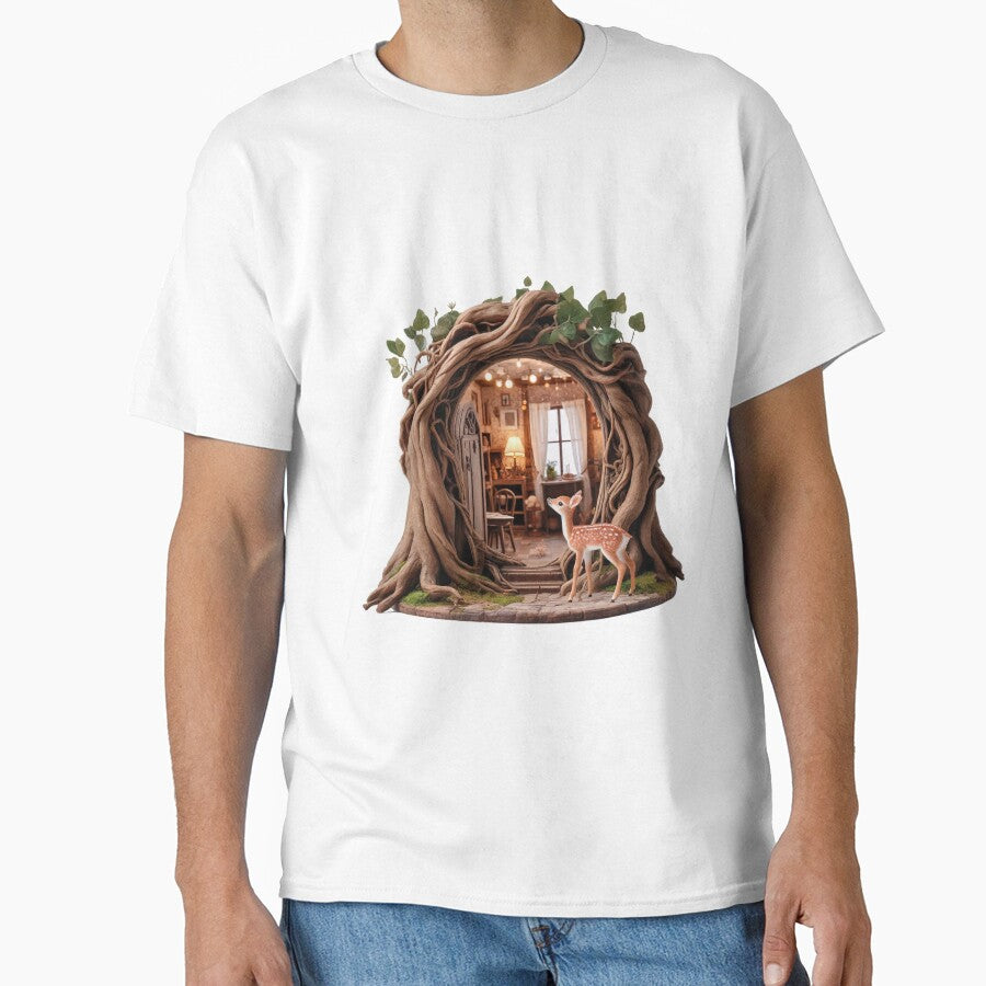 Deer Portal Graphic Tee Enchanted Woodland Oversized Shirt White