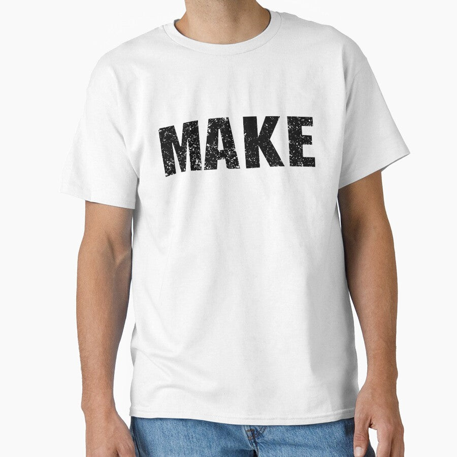 Distressed Make Word Design Tee - Black Minimalist Oversized Apparel White