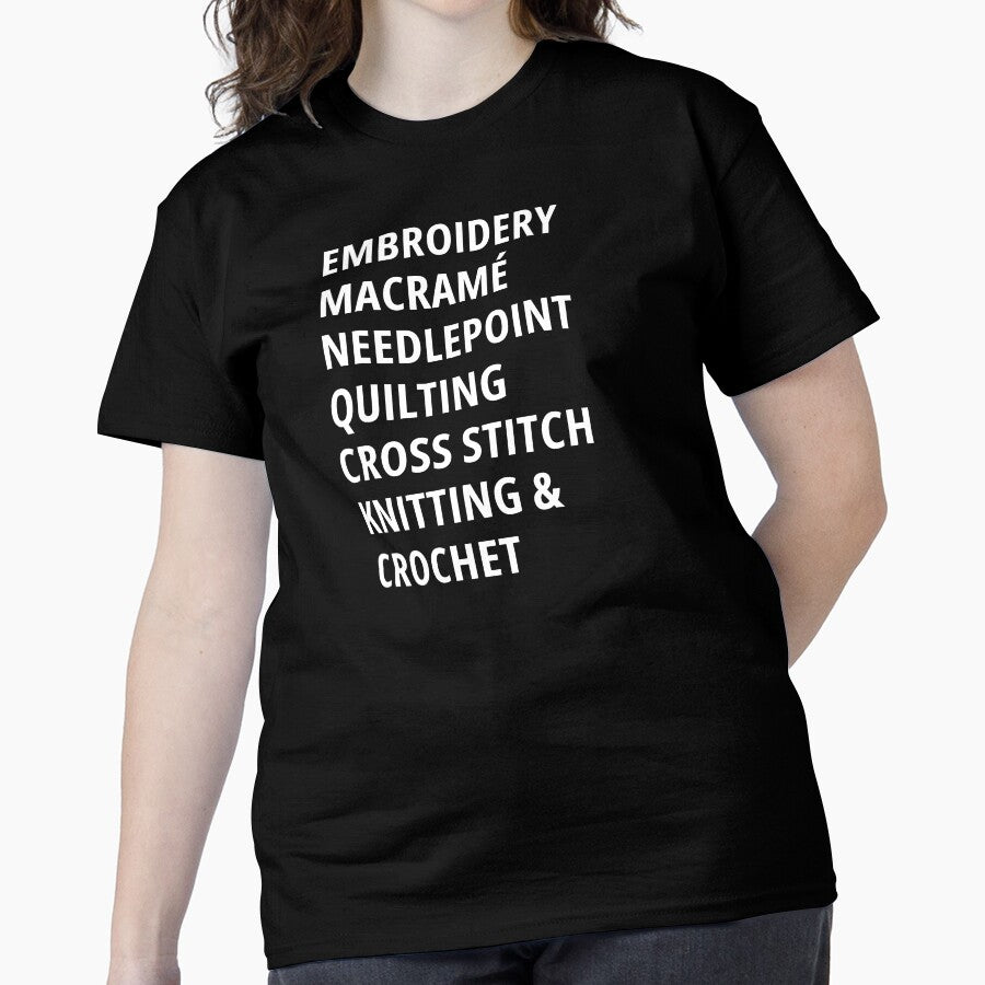 Multi-Craft Hobbyist Tee | Embroidery & Knitting Oversized Top Black
