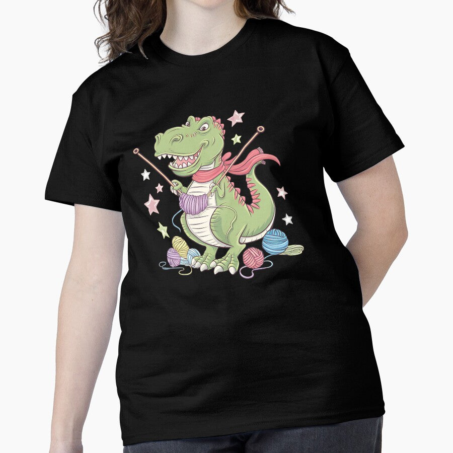 T-Rex Knitting & Crochet T-Shirt - Cute Dinosaur Oversized Design Black