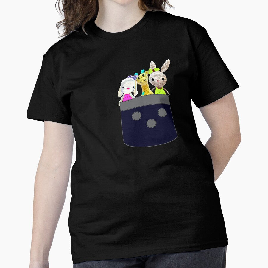 Cute Crochet Dolls In Pocket Shirt 3D Effect Oversized Craft Tee Black