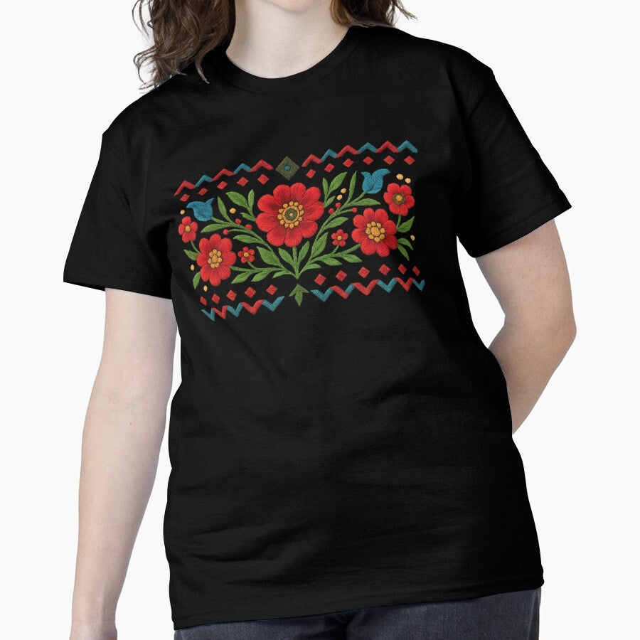Highland Folk Motif Floral Geometric Oversized Tee Black