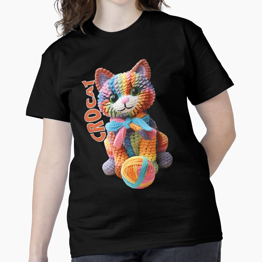 Kawaii Crocat Rainbow Yarn Shirt Cute Cat Crochet Oversized Tee Black