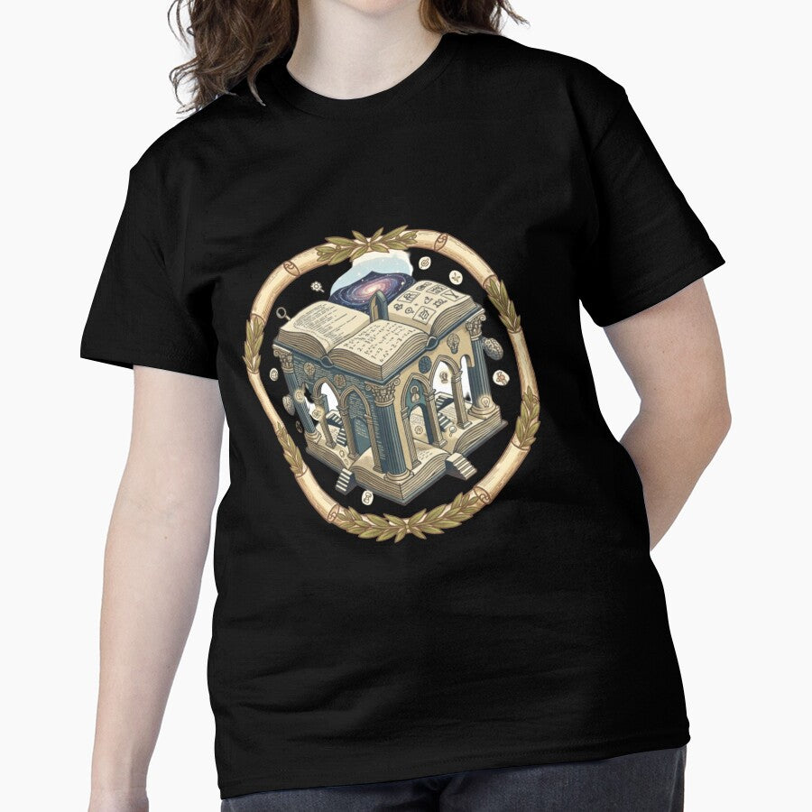 Cosmic Knowledge Temple Tee Fantasy Academic Emblem Oversized Shirt Black