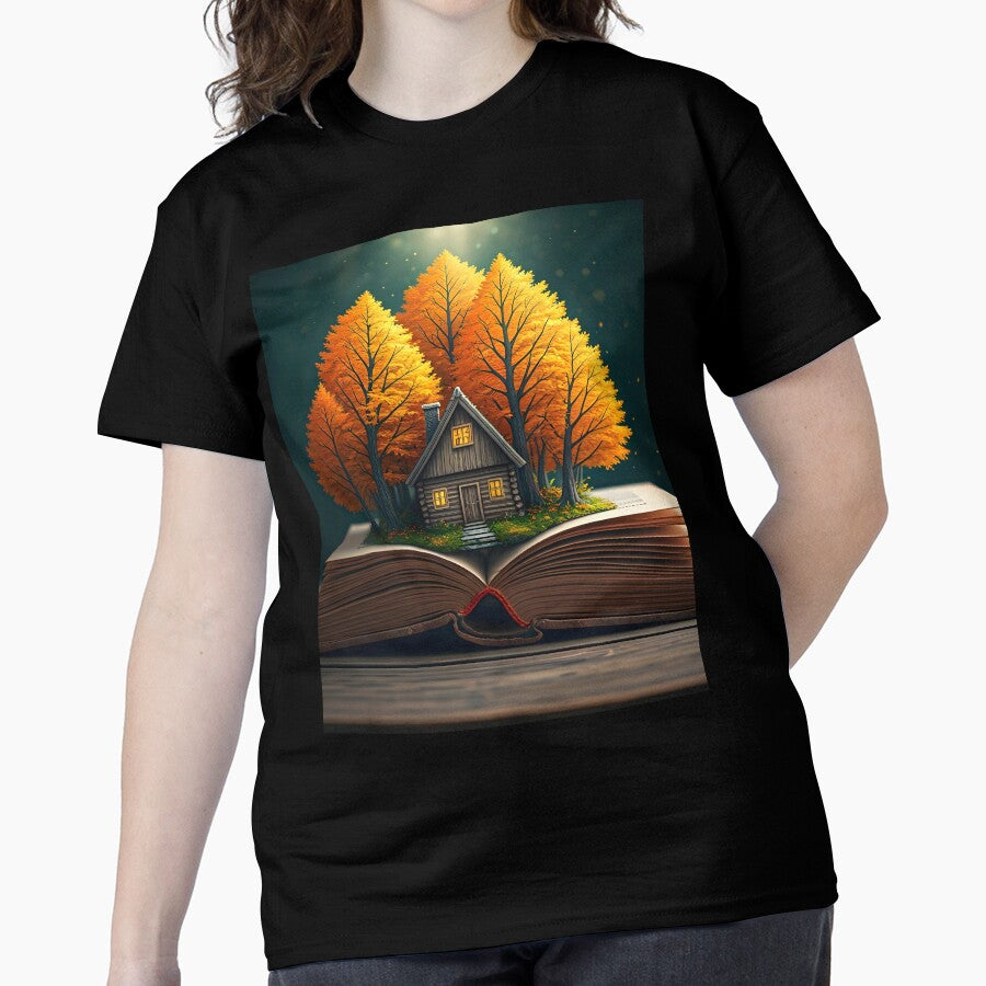Golden Escape Cabin Shirt Storybook Page Oversized Graphic Tee Black