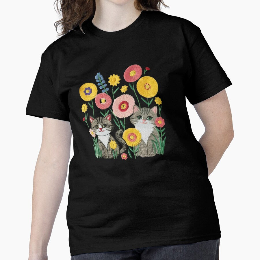 Playful Cats Floral Garden Embroidery Oversized Tee Black