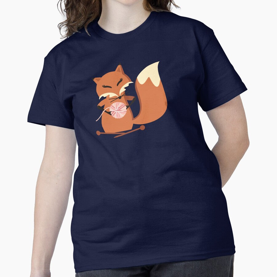 Cute Fox Knitting Needle Tee Fluffy Yarn Animal Oversized Shirt Navy