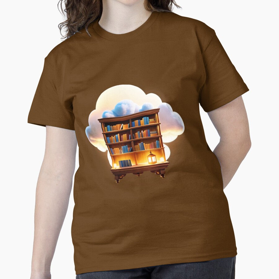 Bookshelf Sticker Graphic Tee Aesthetic Oversized Reading Shirt Army Brown