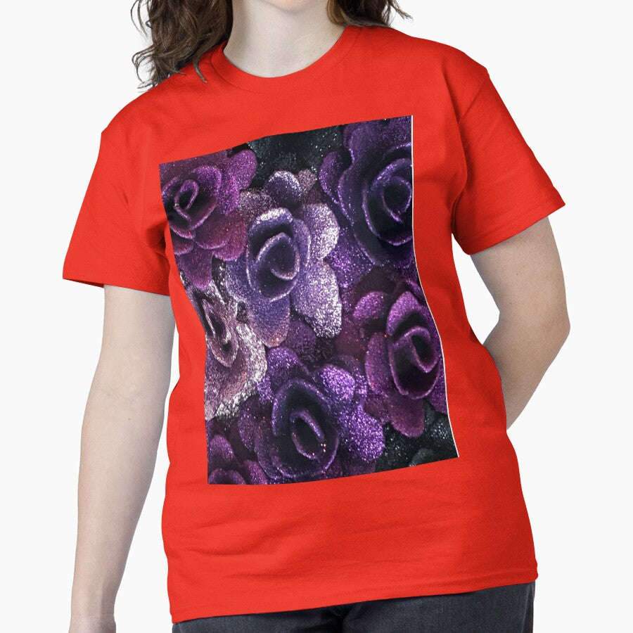 Oversized Graphic T-Shirt Purple Rose Floral Art Print Casual Tee Poppy Red