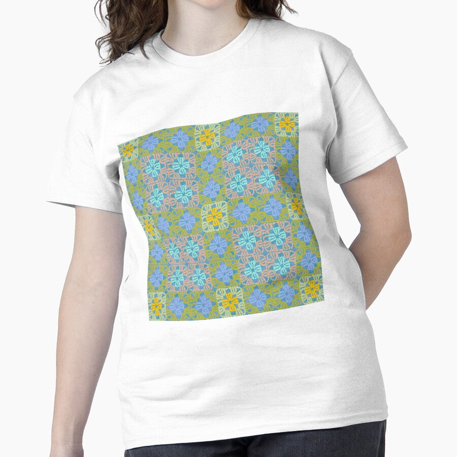 Hand Drawn Crochet Granny Squares Boho Oversized T-Shirt White