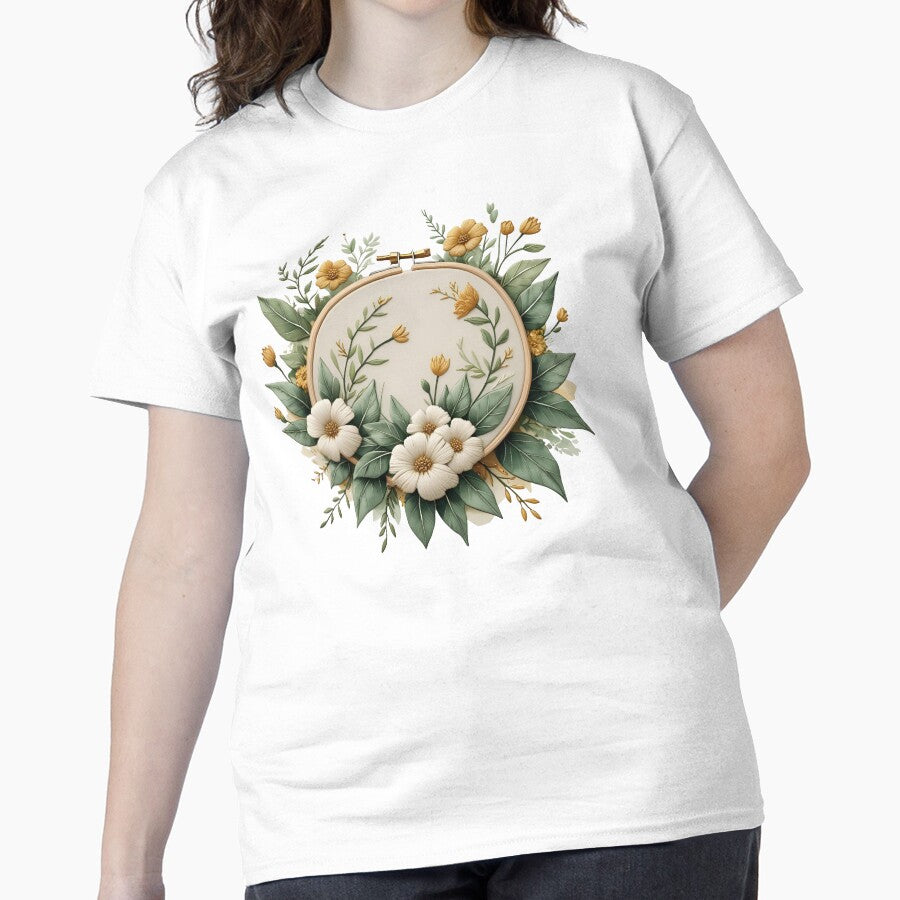 Stitched In Bloom Floral Hoop Art Oversized T-Shirt White