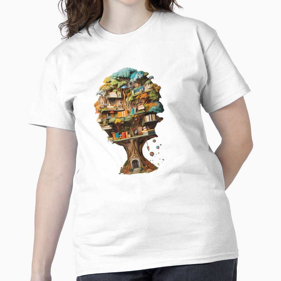 Treehouse With Books Shirt Whimsical Nature Reading Oversized White