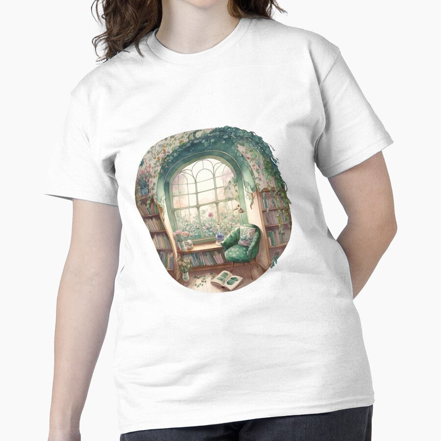 Soft Watercolor Reading Tee Cozy Nook Art Oversized Graphic Shirt White