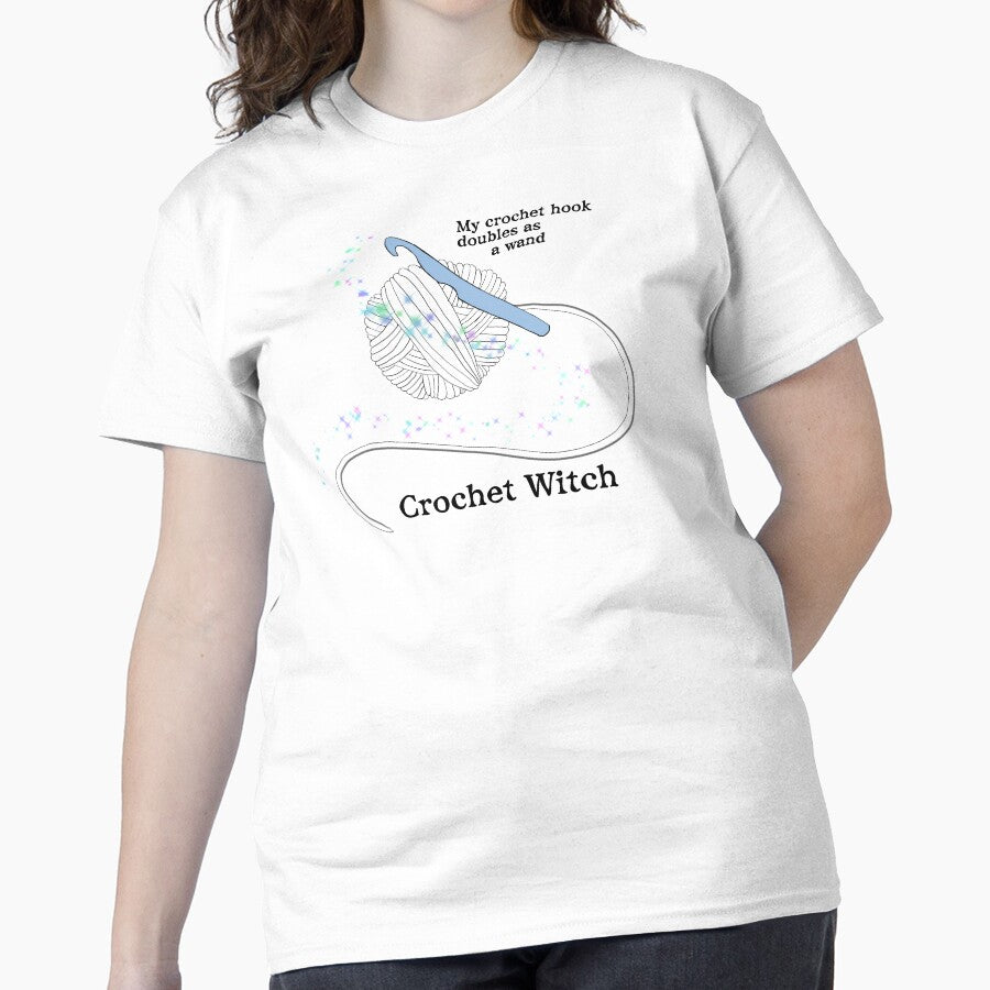 Vintage Crochet Witch T-Shirt Oversized Magical Crafting Design White