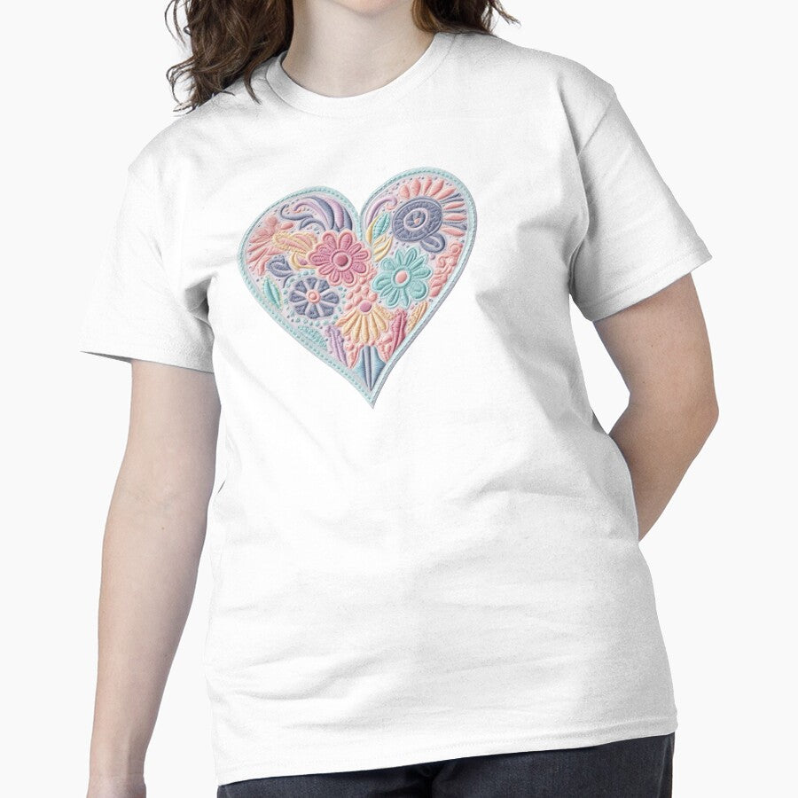 Heart Embroidery Style Pastel Patch Oversized T-Shirt White