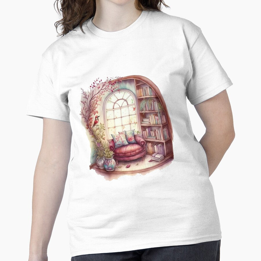 Reading Corner Watercolor Tee Artistic Bookish Oversized Shirt White